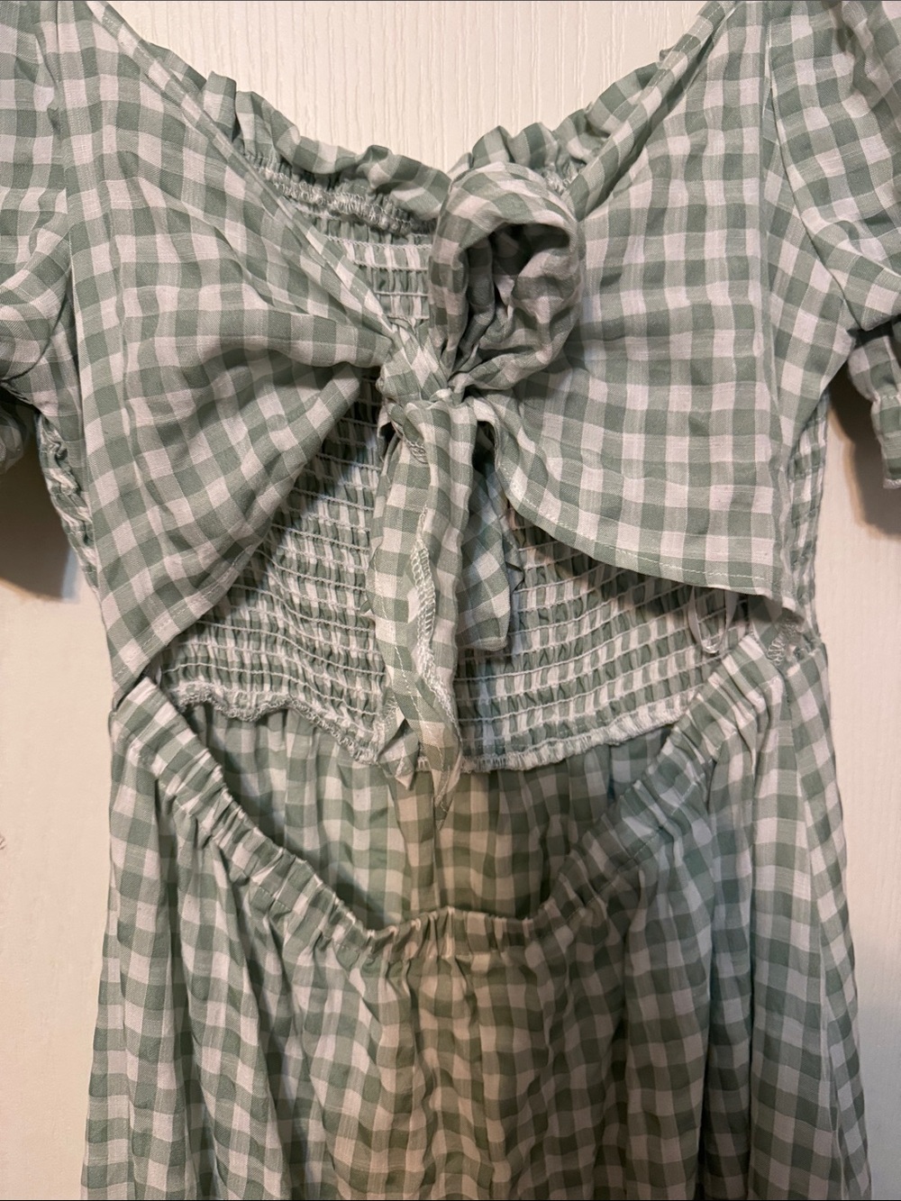 Smocked Gingham Midi Dress in Sage Green - Picture 6 of 6